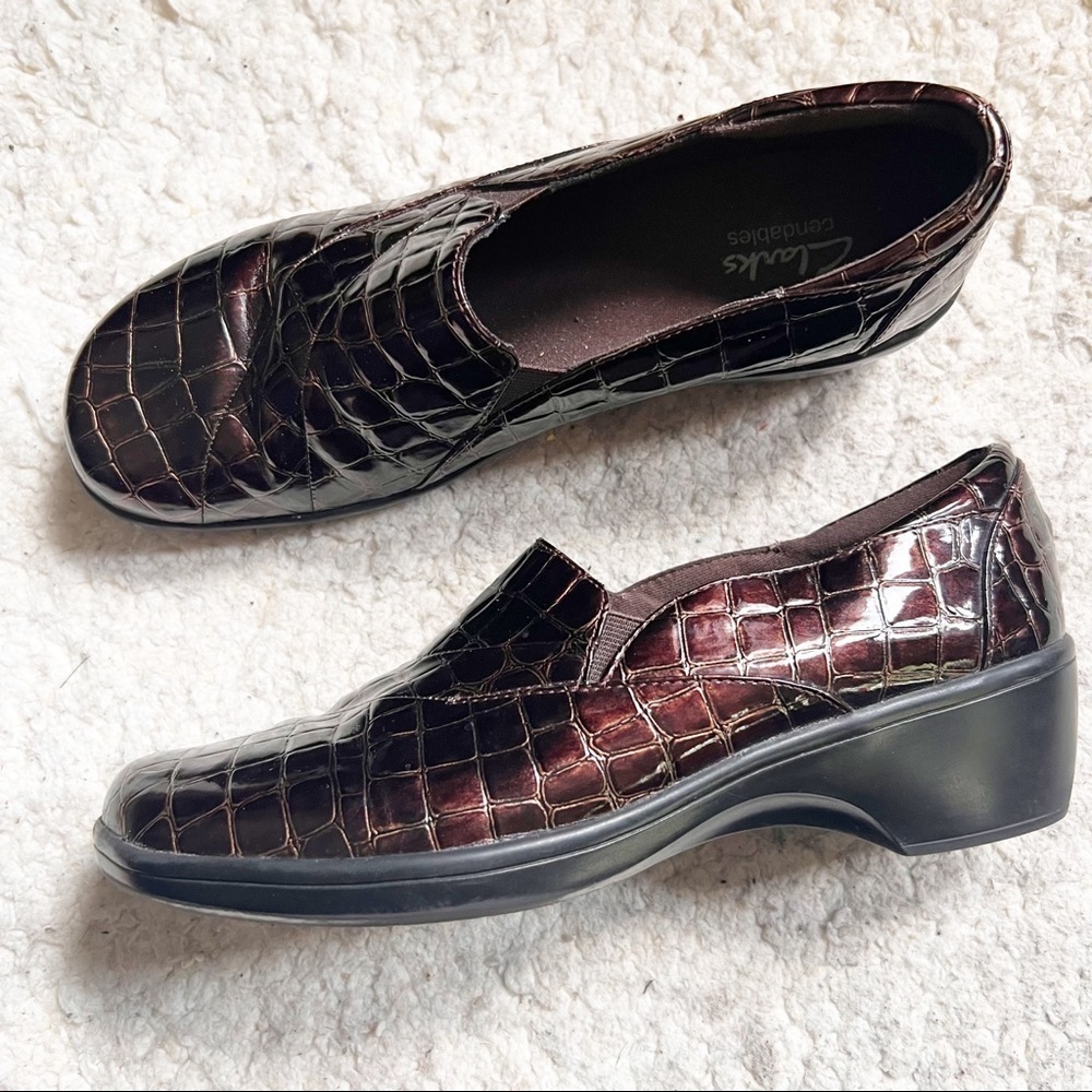 Clarks Bendables Womens Brown Bayou Crocodile On Comfort Slip On Wedges Size 9M